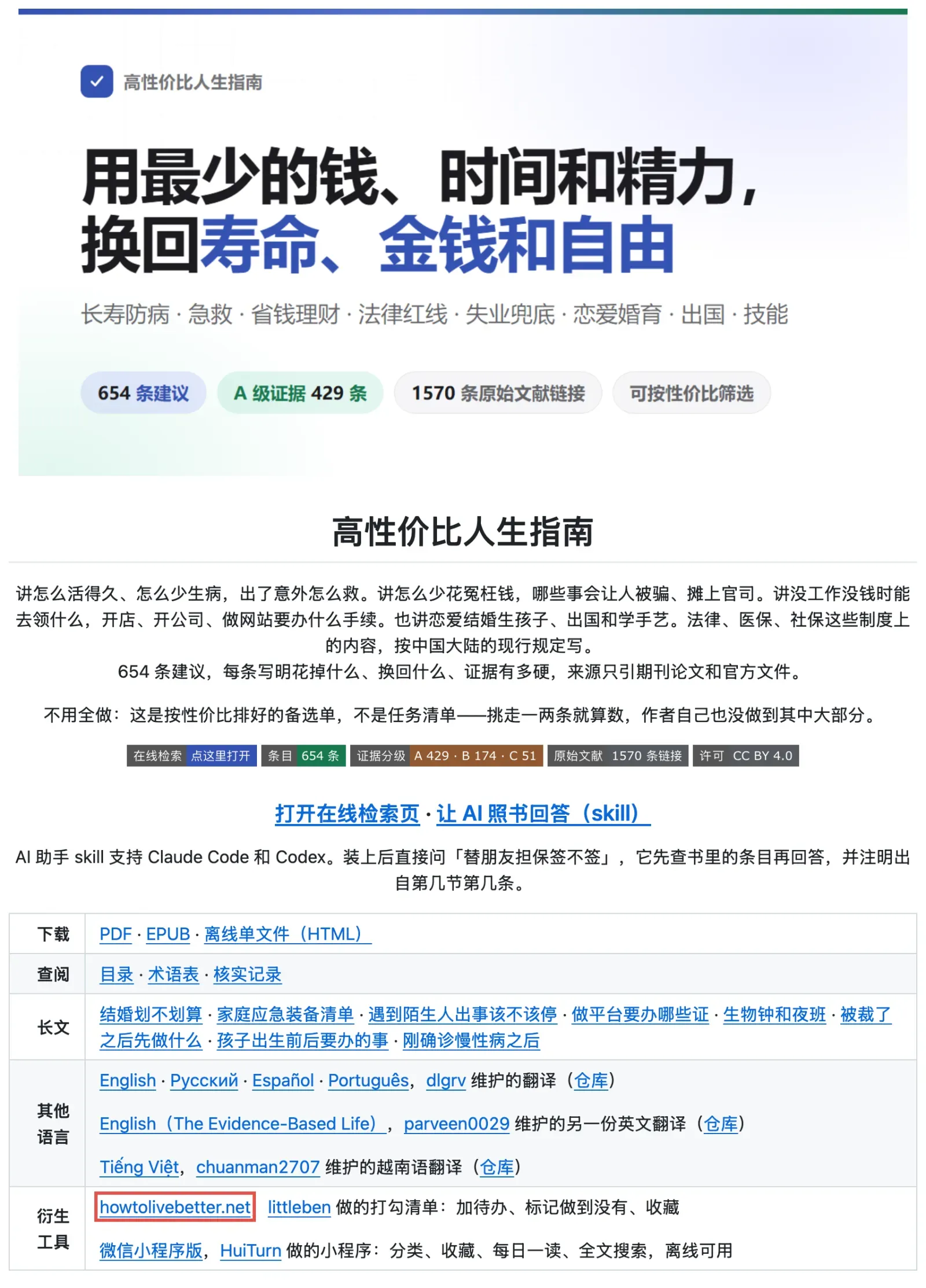 原仓库 README 顶部，红框是收录的 howtolivebetter.net