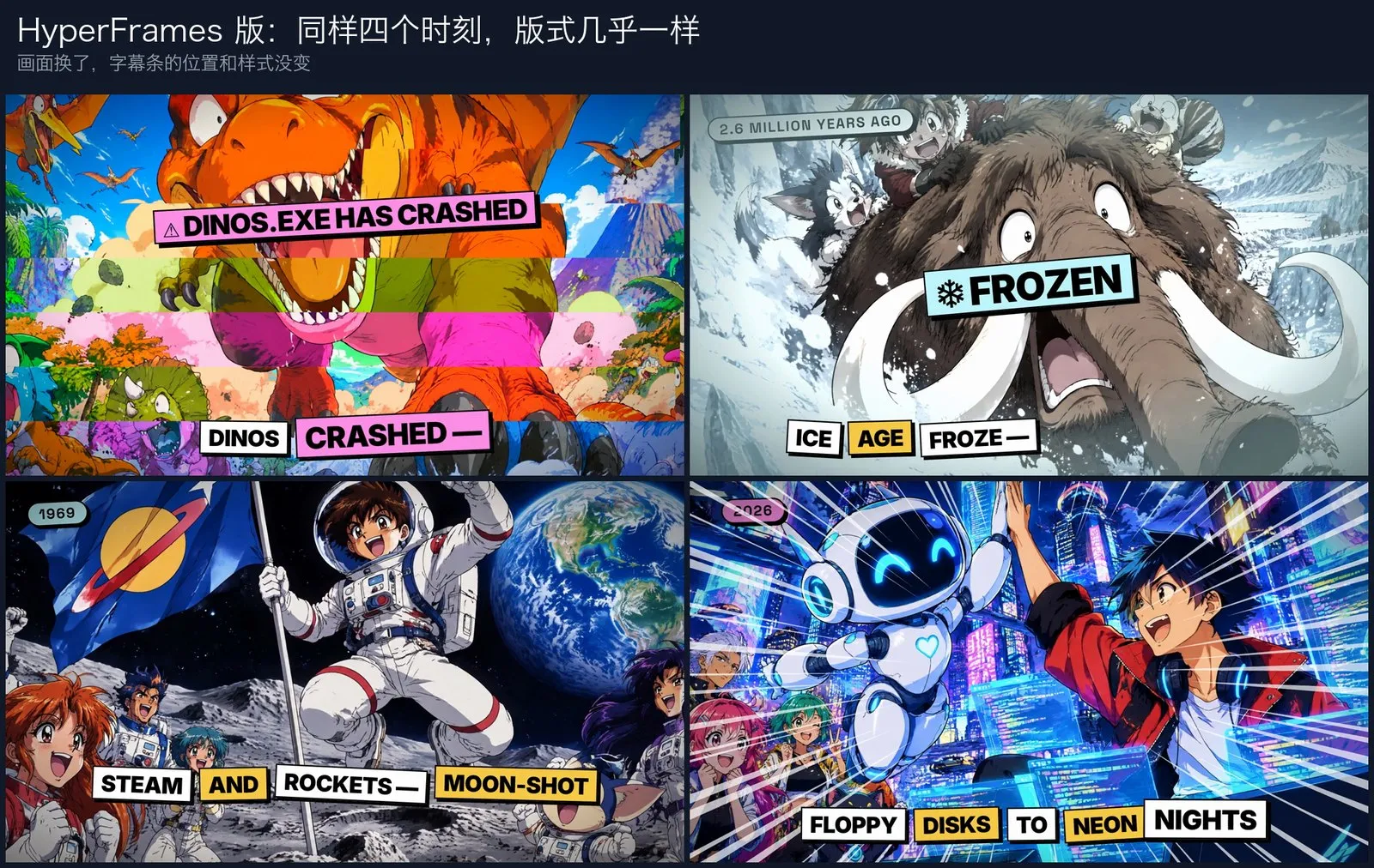 HyperFrames 版：同样四个时刻版式几乎一样