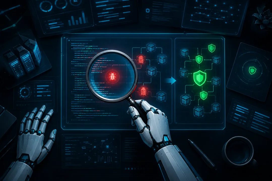 AI 概念图：机械手用放大镜扫描漏洞，从发现威胁到建立防护